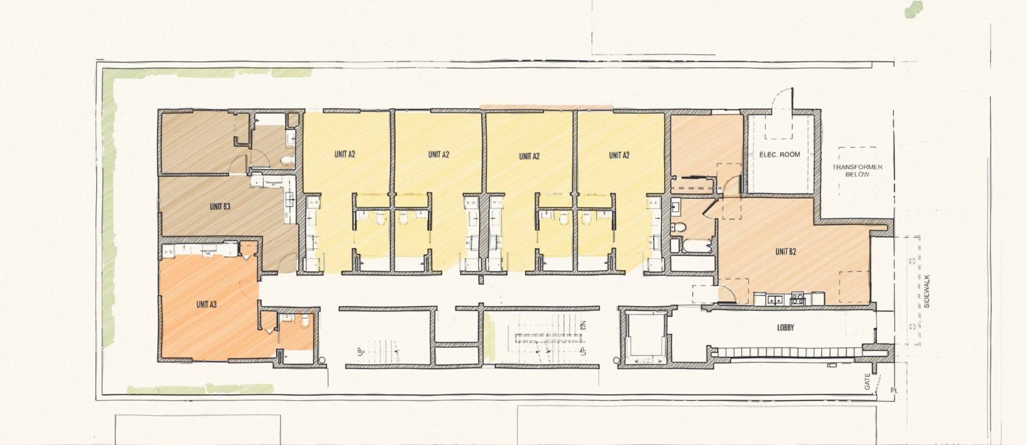 Cedar House typical floor plan, hand-drawn style