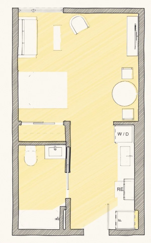 Cedar House studio plan, hand-drawn style