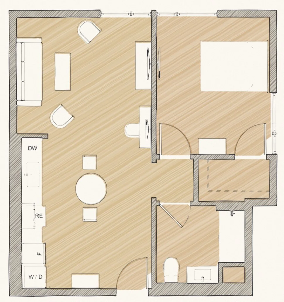 Cedar House one-bedroom plan, hand-drawn style