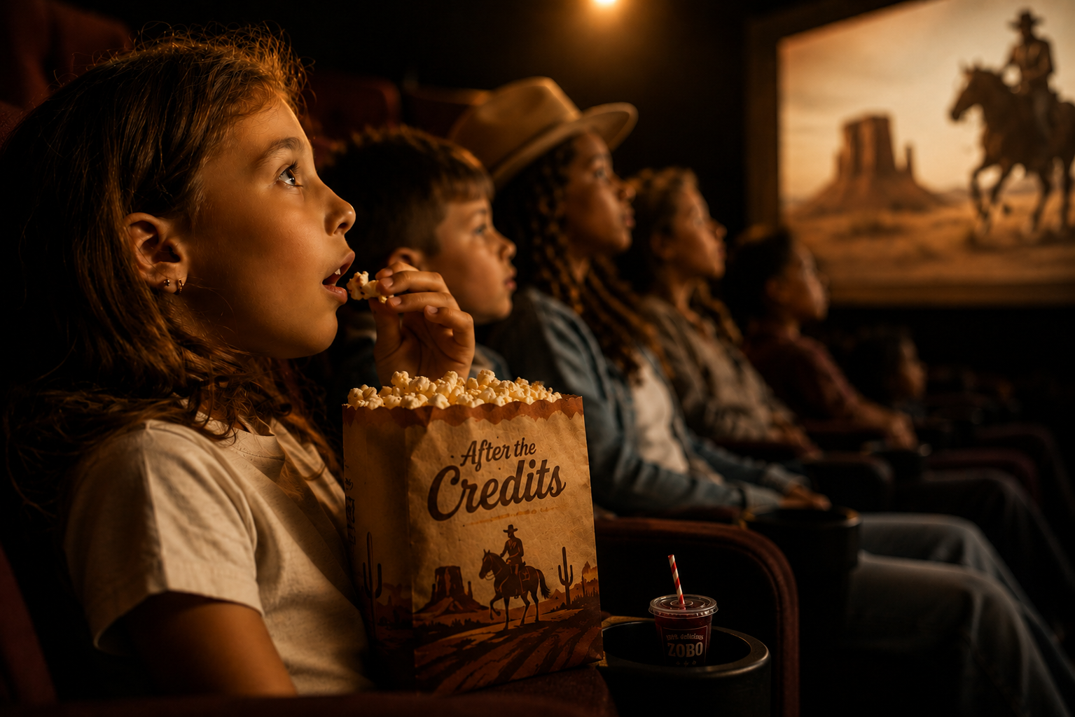 Young audience watching a western on screen