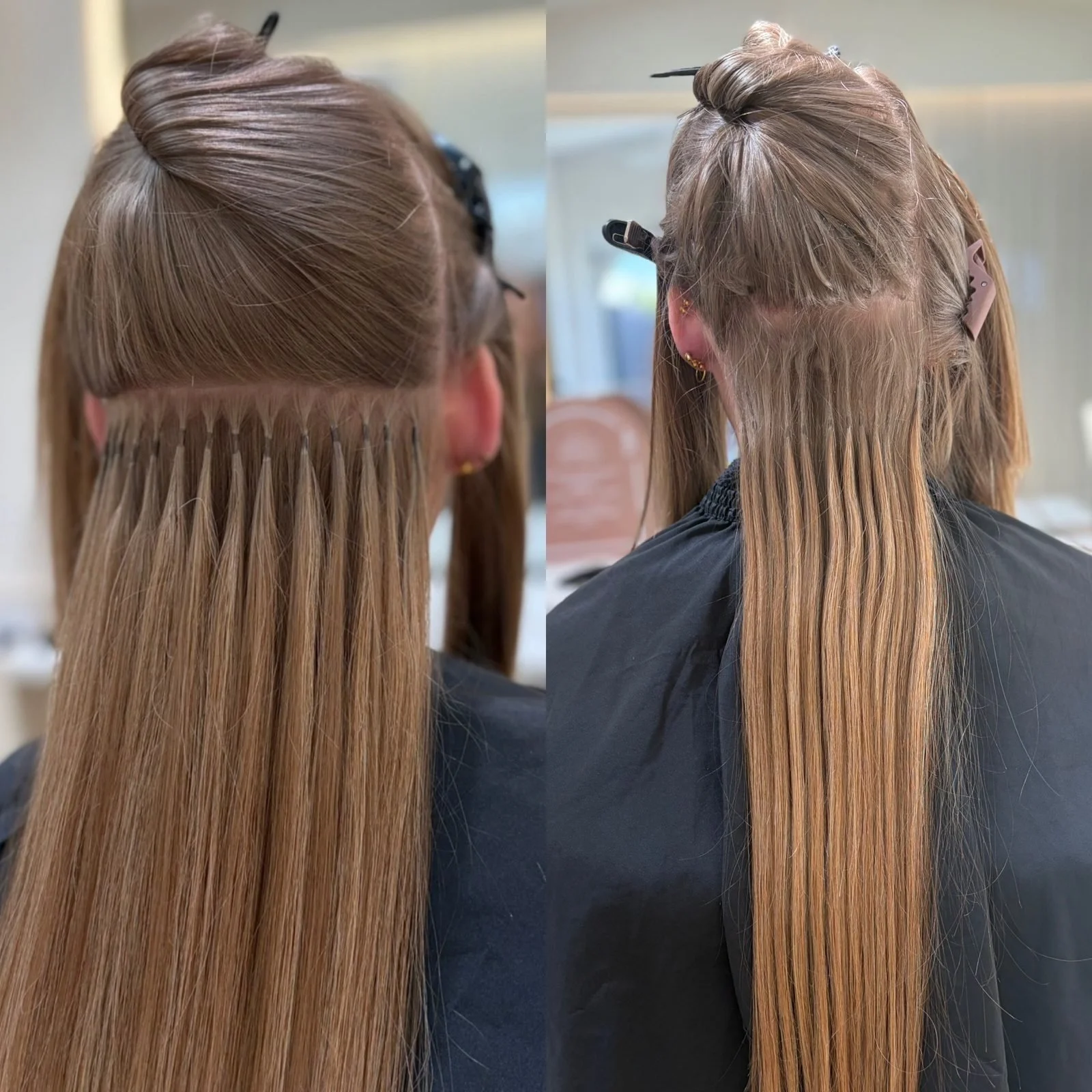 A fresh keratin bond install beside the same sectioning after four months of grow-out