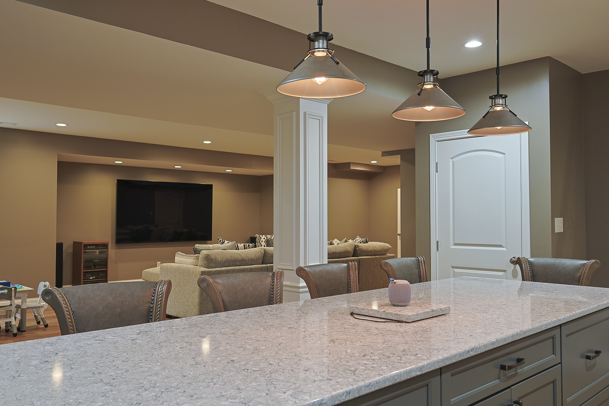Finished basement remodel with living space in a Fishers home