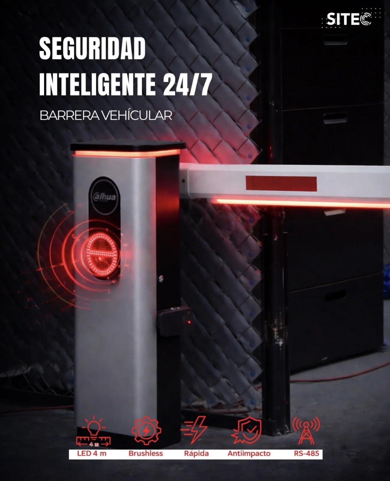 Publicación de SITEC con una barrera vehicular Dahua y su brazo iluminado en rojo.