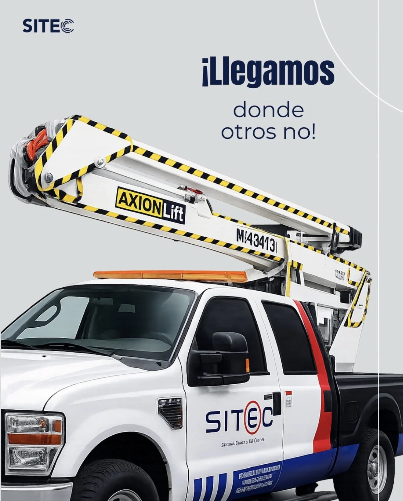 Publicación de SITEC con una camioneta identificada con la marca y una canastilla para trabajo en altura.