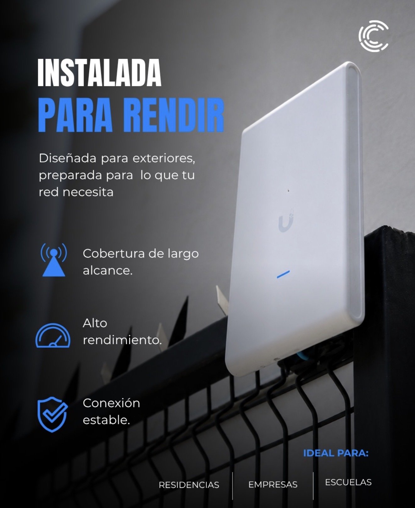 Publicación de SITEC con un equipo inalámbrico Ubiquiti instalado junto a una reja en el exterior.