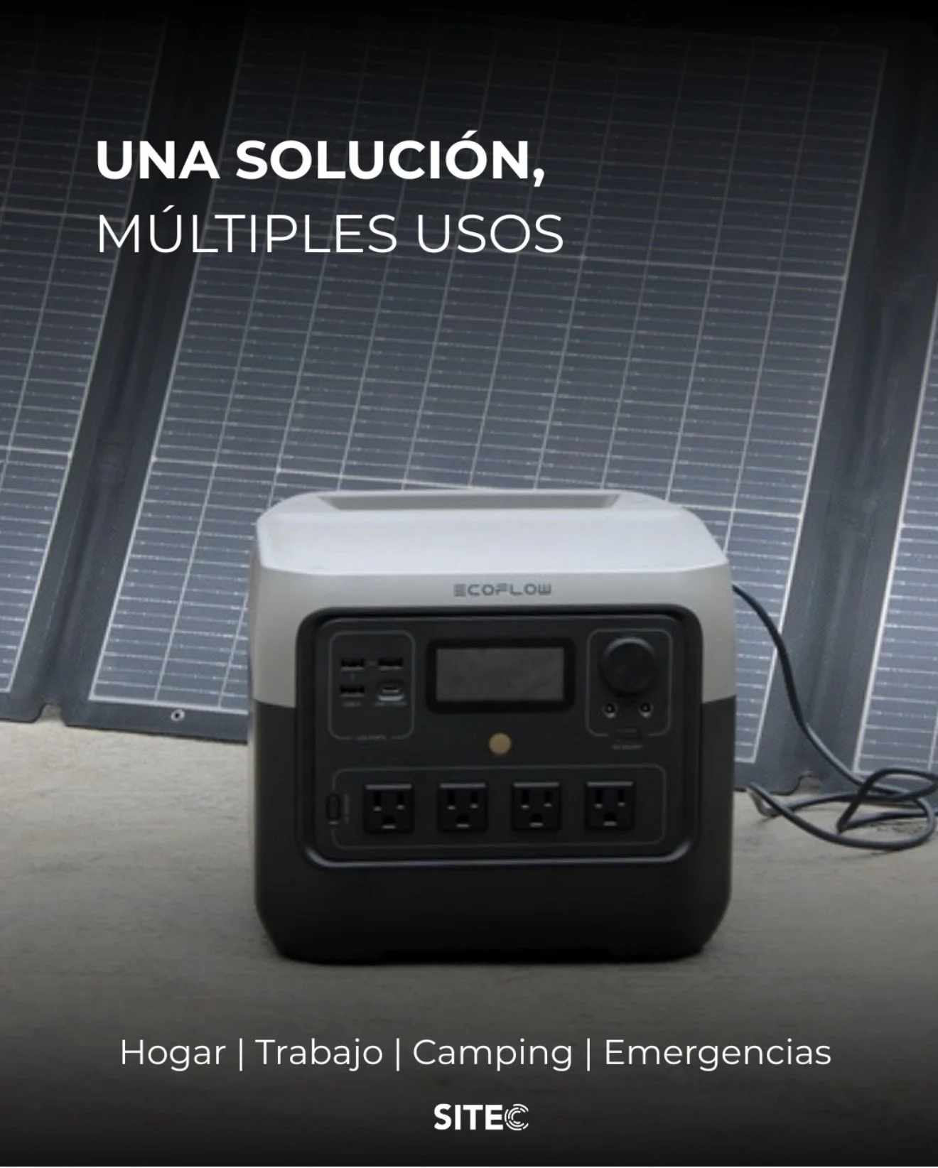 Publicación de SITEC con una estación de energía EcoFlow frente a paneles solares.