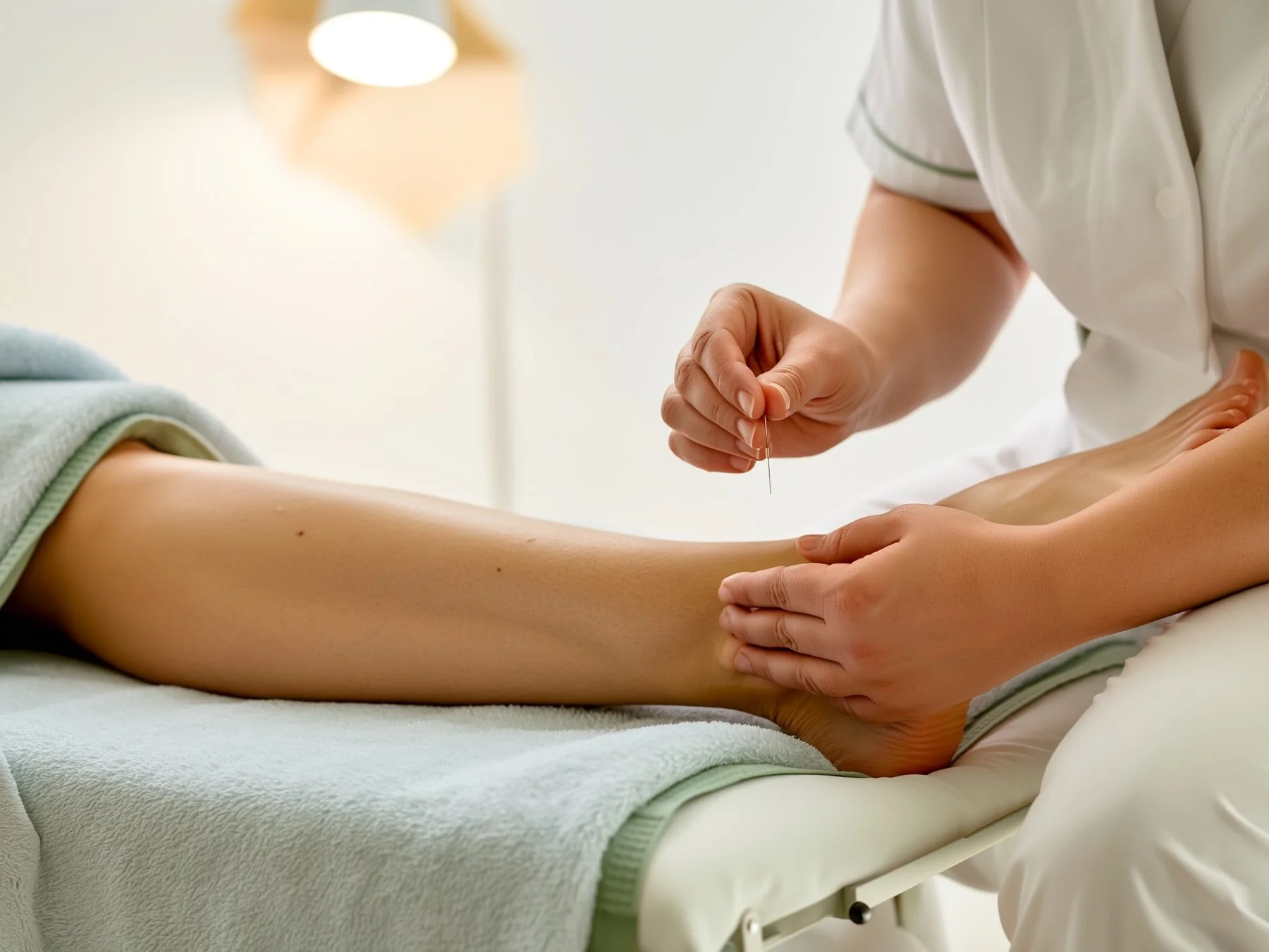 A fine acupuncture needle placed above the ankle during a women's health session