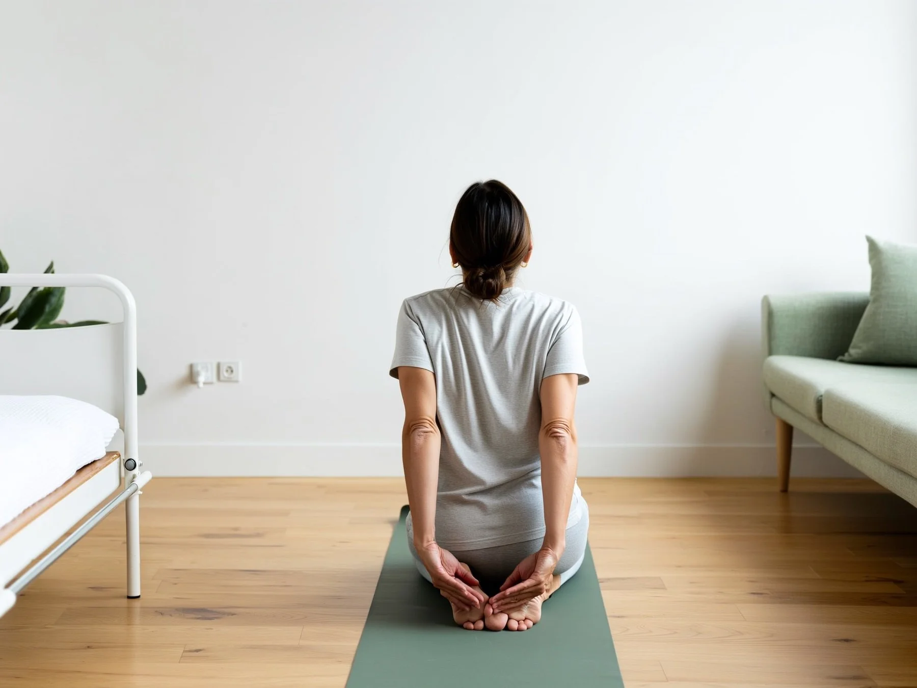 Guided back stretch done at home between acupuncture visits