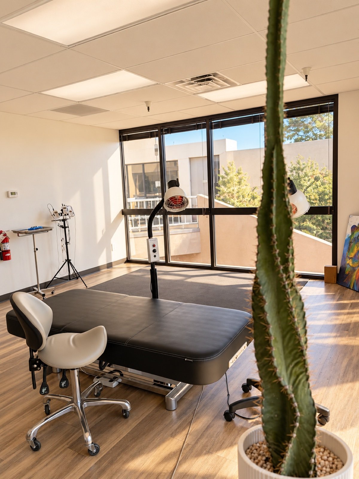 Sunlit ATRIUM treatment room with a tall cactus