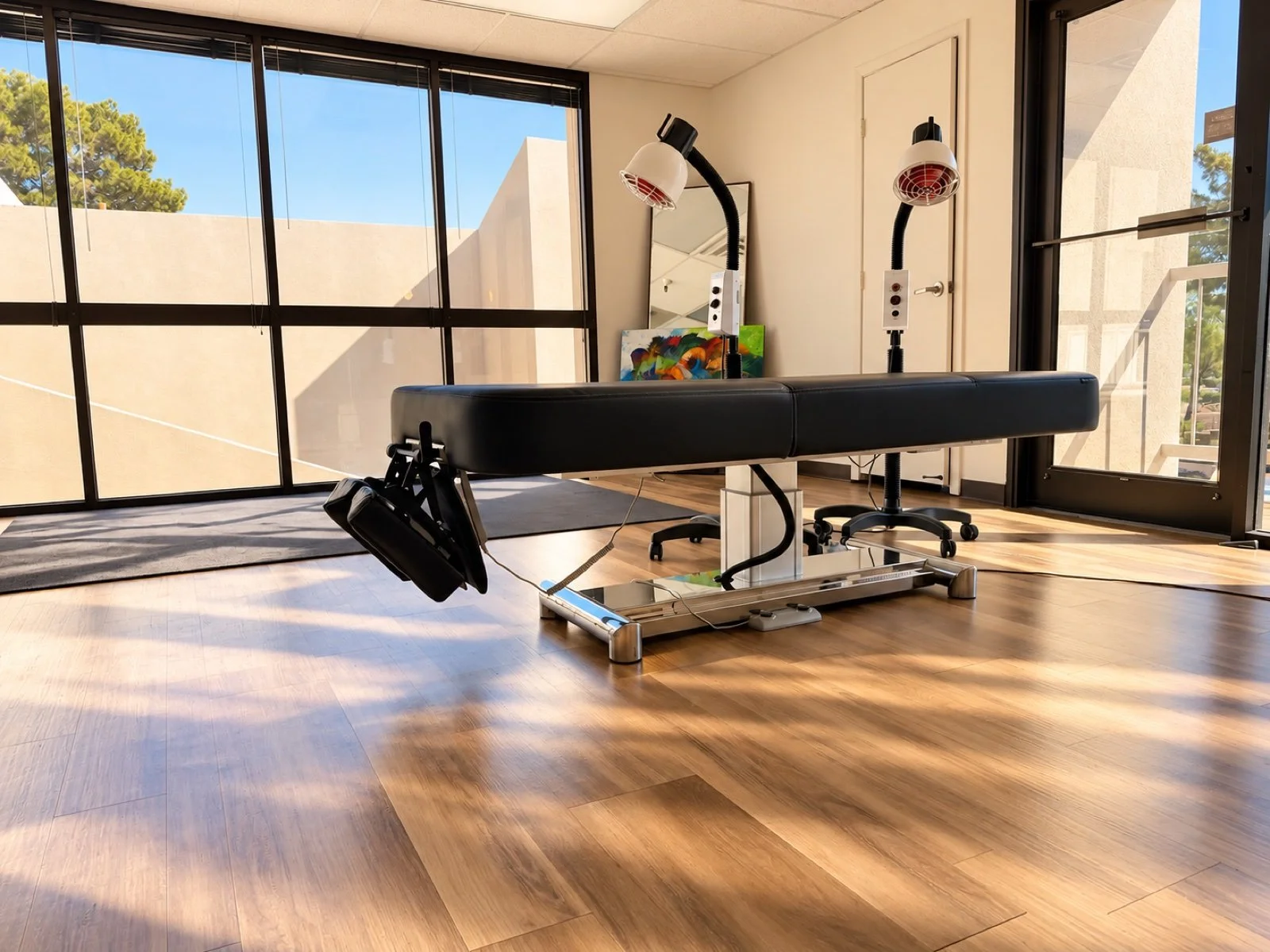 Electric treatment table and infrared lamp in a sunlit treatment room at ATRIUM, Scottsdale
