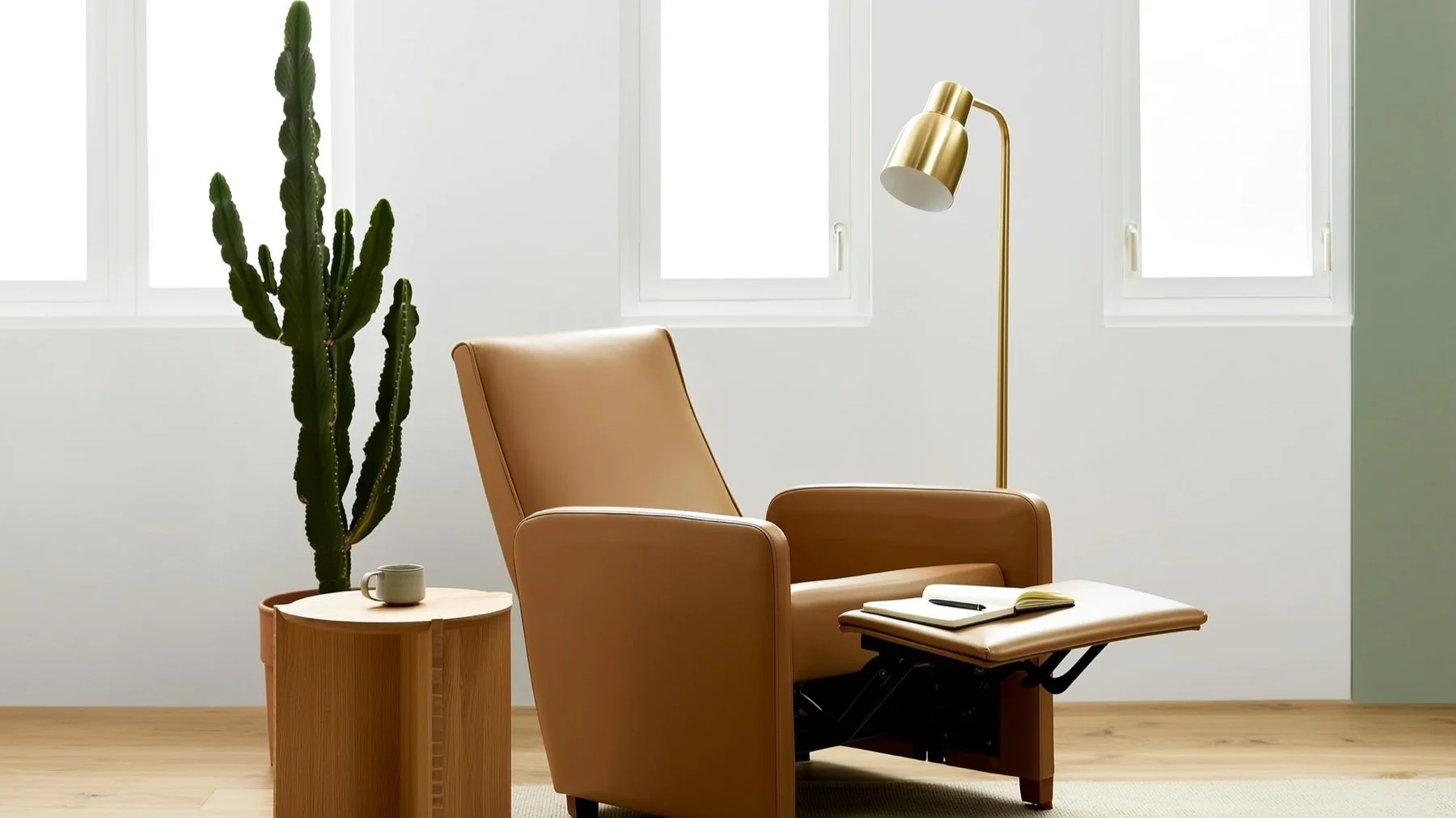 Notebook and tea beside a leather recliner in the consultation lounge at ATRIUM Acupuncture, Scottsdale