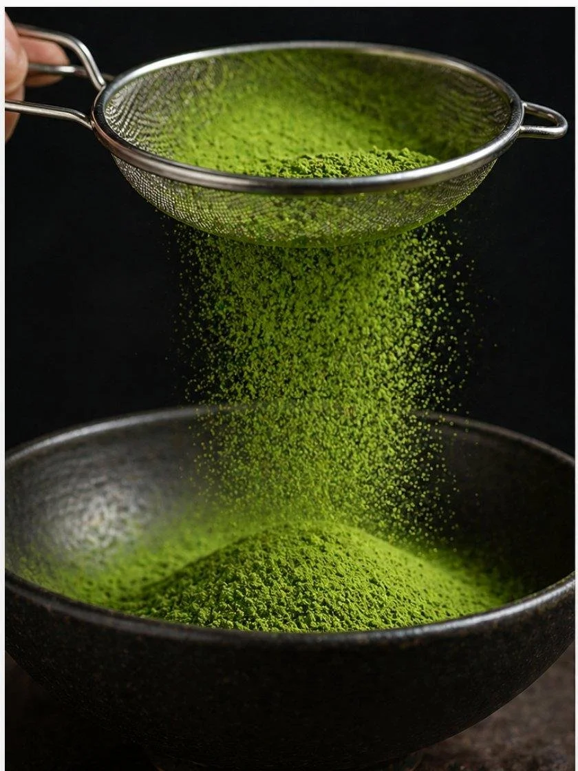 Premium matcha powder being sifted