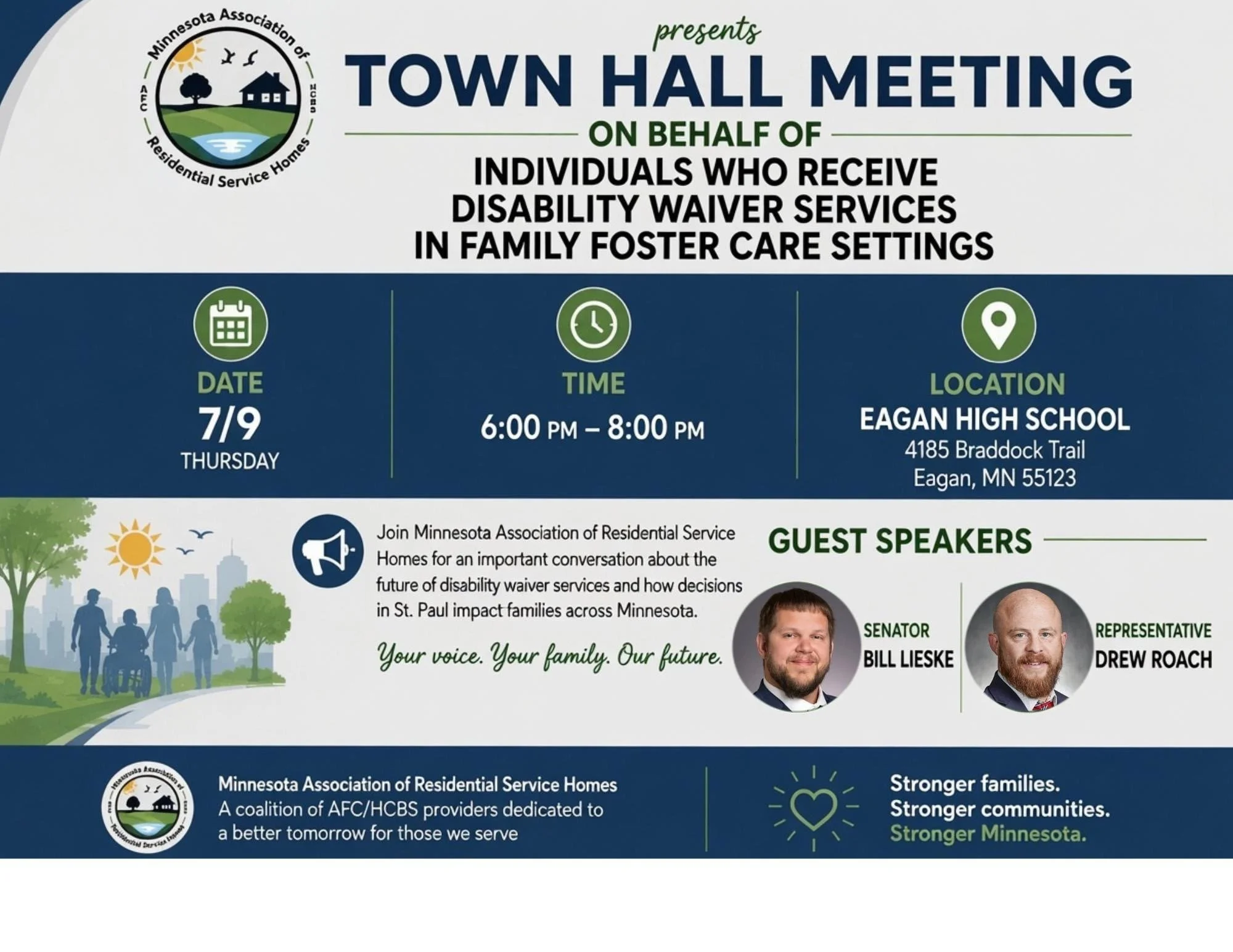 MARSH Town Hall Meeting flyer. Thursday, July 9, 6:00 PM to 8:00 PM, Eagan High School, 4185 Braddock Trail, Eagan, MN 55123. Guest speakers Senator Bill Lieske and Representative Drew Roach.
