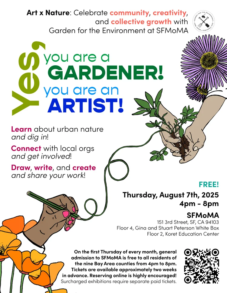 illustrated flier for GFE's "Yes, you are a gardener! Yes, you are an artist!" event at SFMOMA, with hands holding plants that connect to hands holding a pencil