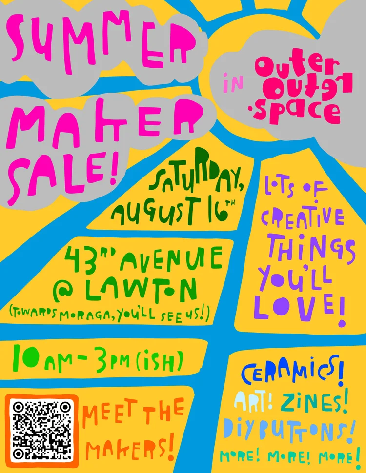 illustrated flier for a summer maker sale in outer outer .space featuring a bright sun and bit of fog