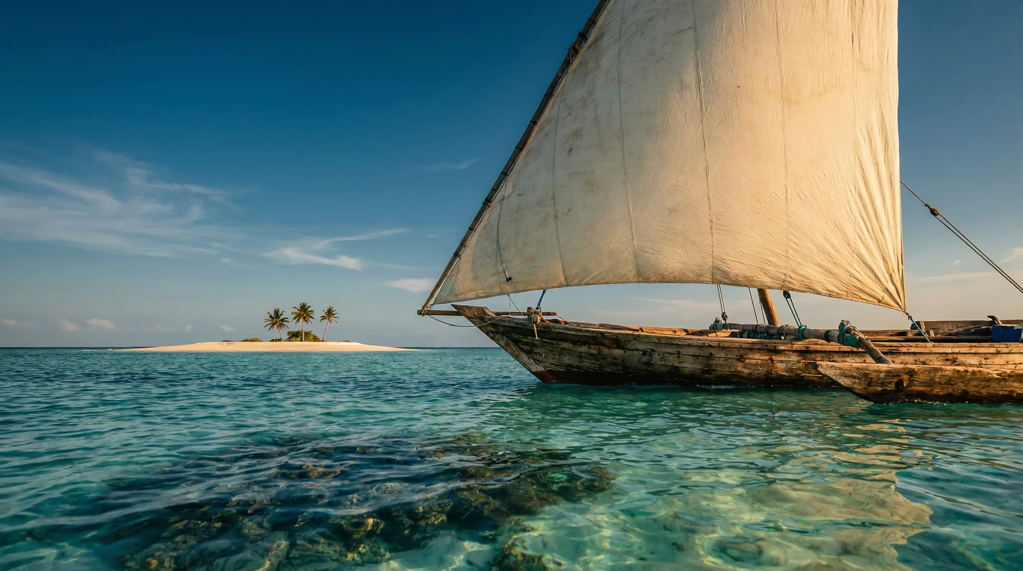 Traditional dhow on turquoise Zanzibar waters
