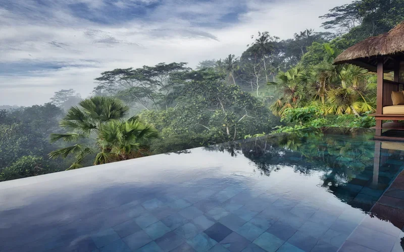 Luxury infinity pool villa surrounded by tropical jungle in Bali