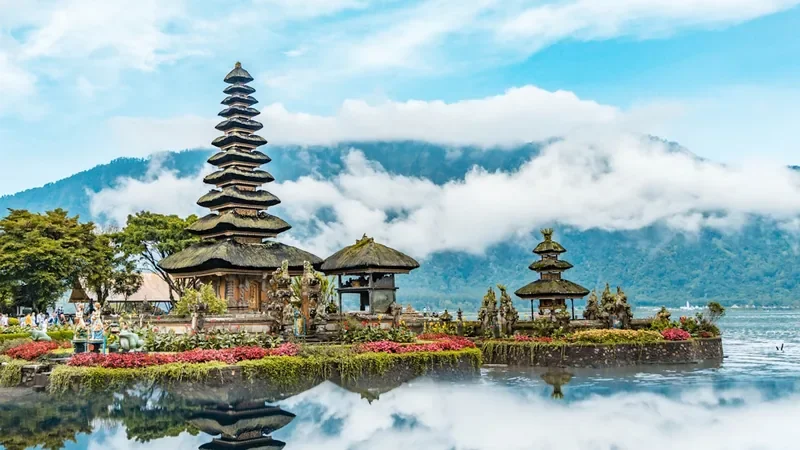 Pura Ulun Danu Bratan water temple reflected in Lake Beratan, Bali