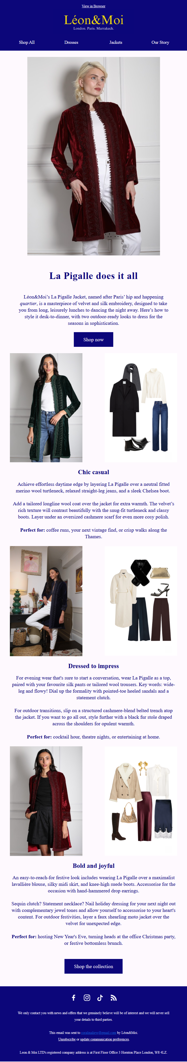 Sample email campaign copy for Léon&Moi, detailing a guide on how to wear the La Pigalle jacket for different occasions, complete with an outfit moodboard for style visualisation.