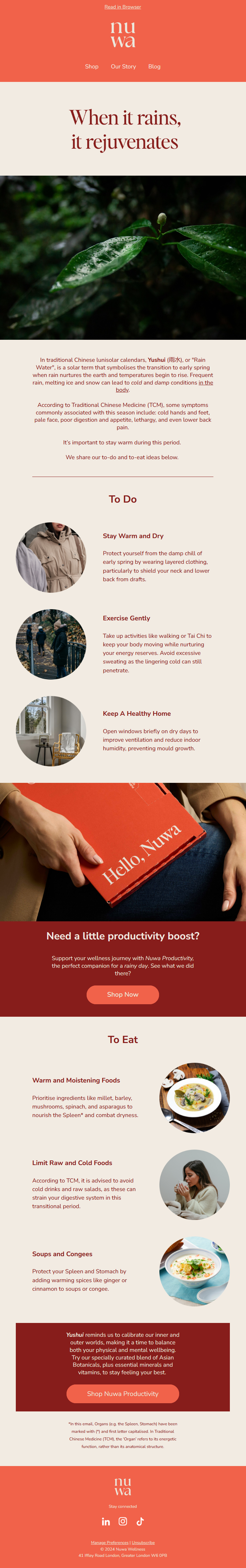 Sample email campaign copy for Nuwa, detailing an introduction to Yushui, a solar term and seasonal change within the Traditional Chinese lunisolar calendar, alongside practical tips on what to eat and do during the season.