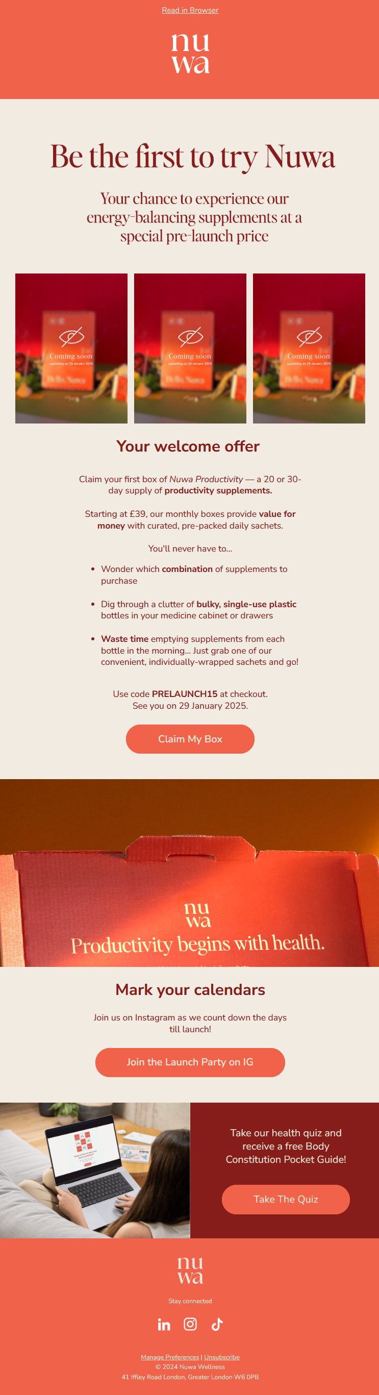 Sample pre-launch welcome email for Nuwa, which is the first in a welcome series. It details a founder message alongside an exclusive discount code for pre-launch email subscribers.
