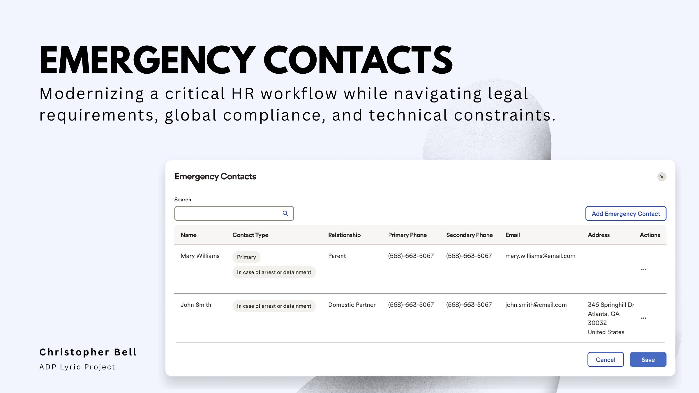 Emergency Contacts project title and redesigned ADP Lyric interface