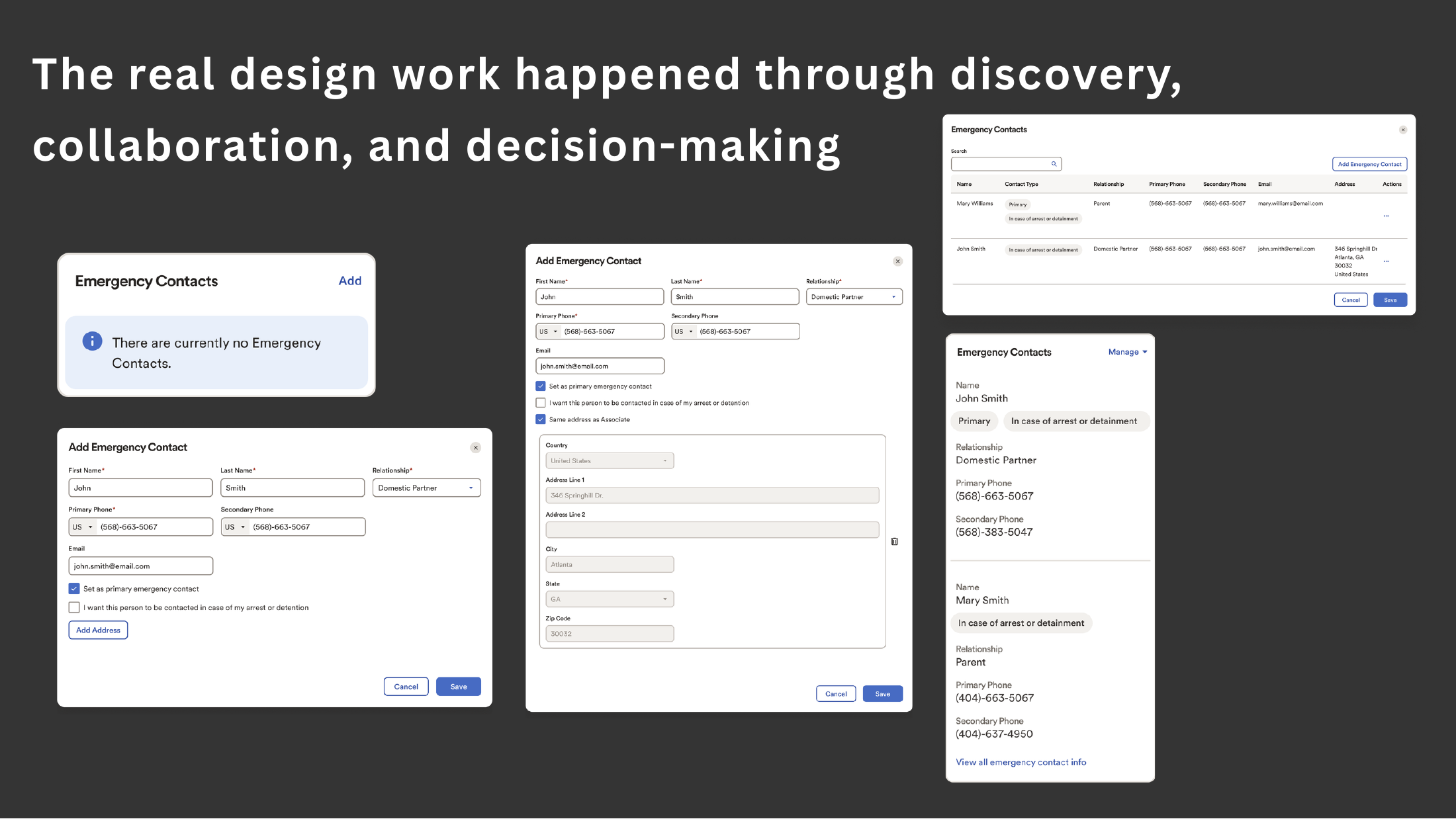 Final Emergency Contacts screens across desktop and mobile layouts