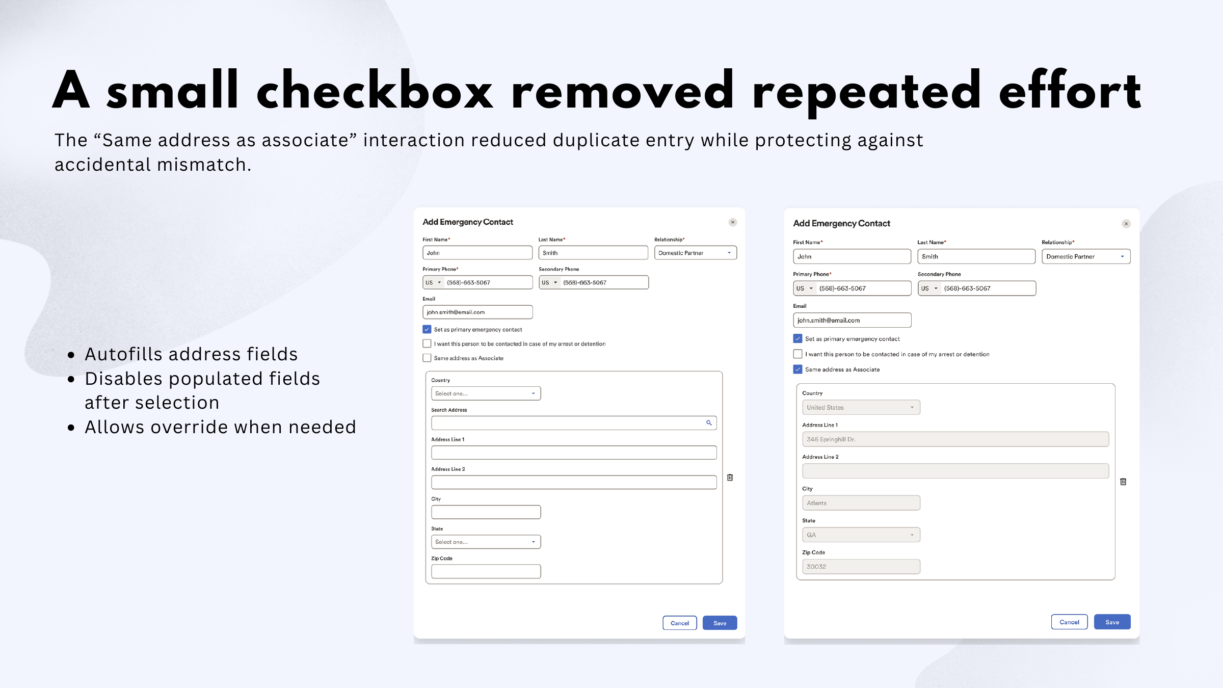 Same address as associate checkbox reducing duplicate entry