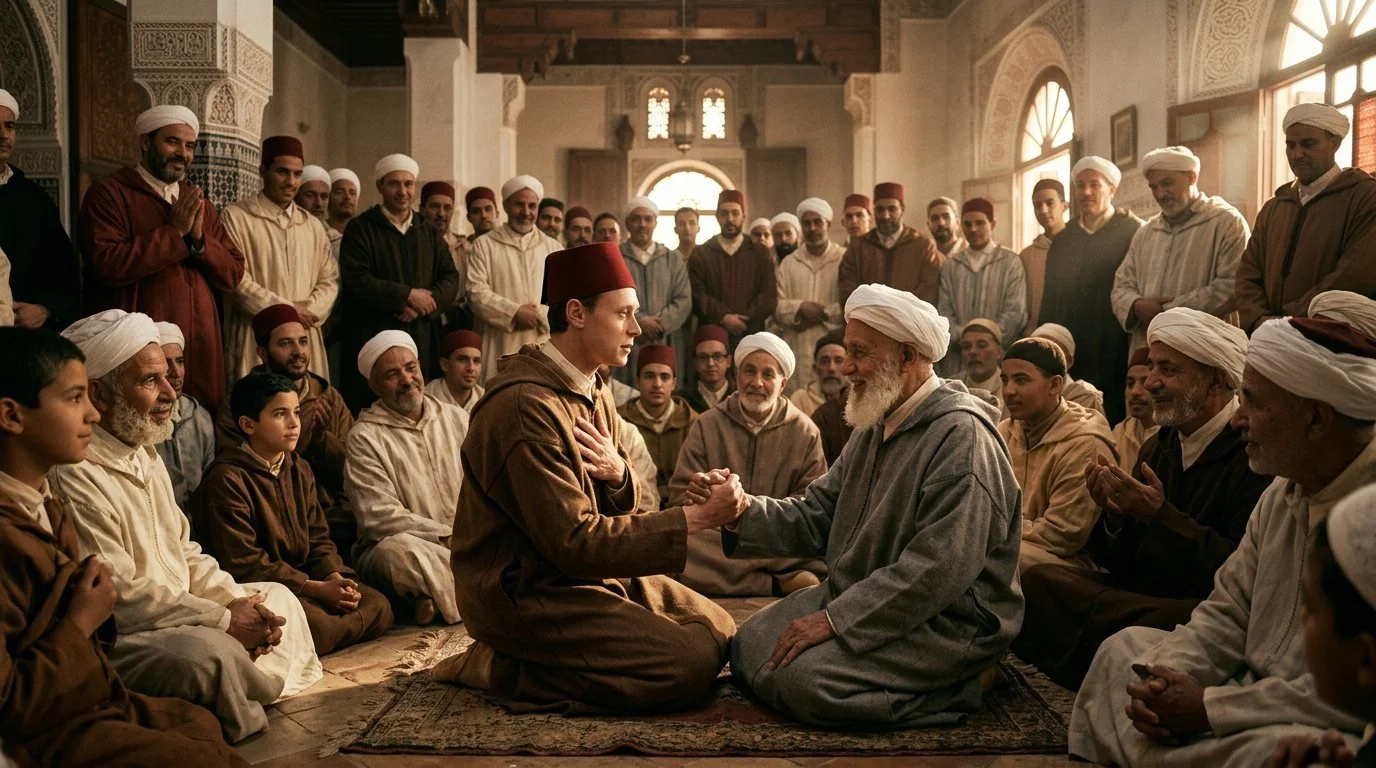 Stuart, in a brown djellaba, sits among men before a very old man in white