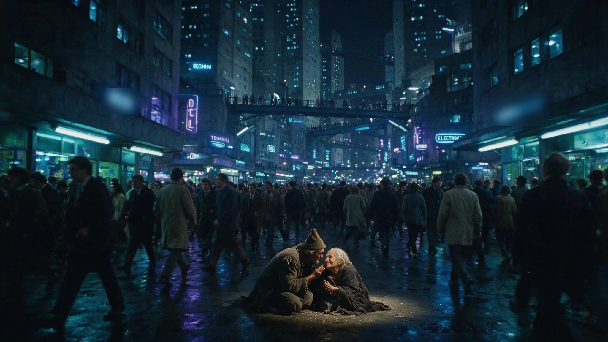 In a ruined neon city, an old man in a pointed cap whispers to an old woman