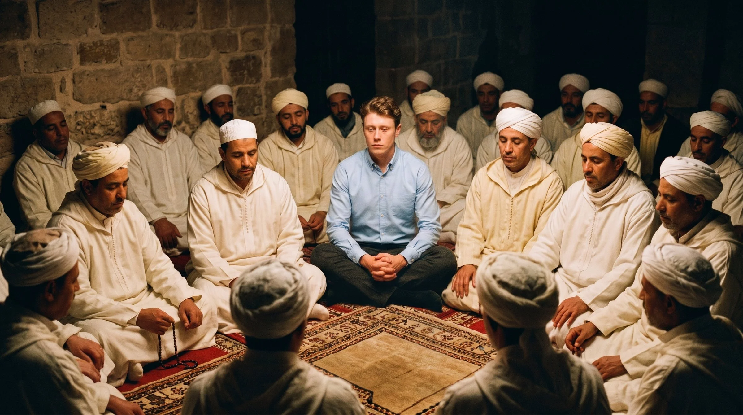 Stuart, in a blue shirt, sits in a circle of men in white