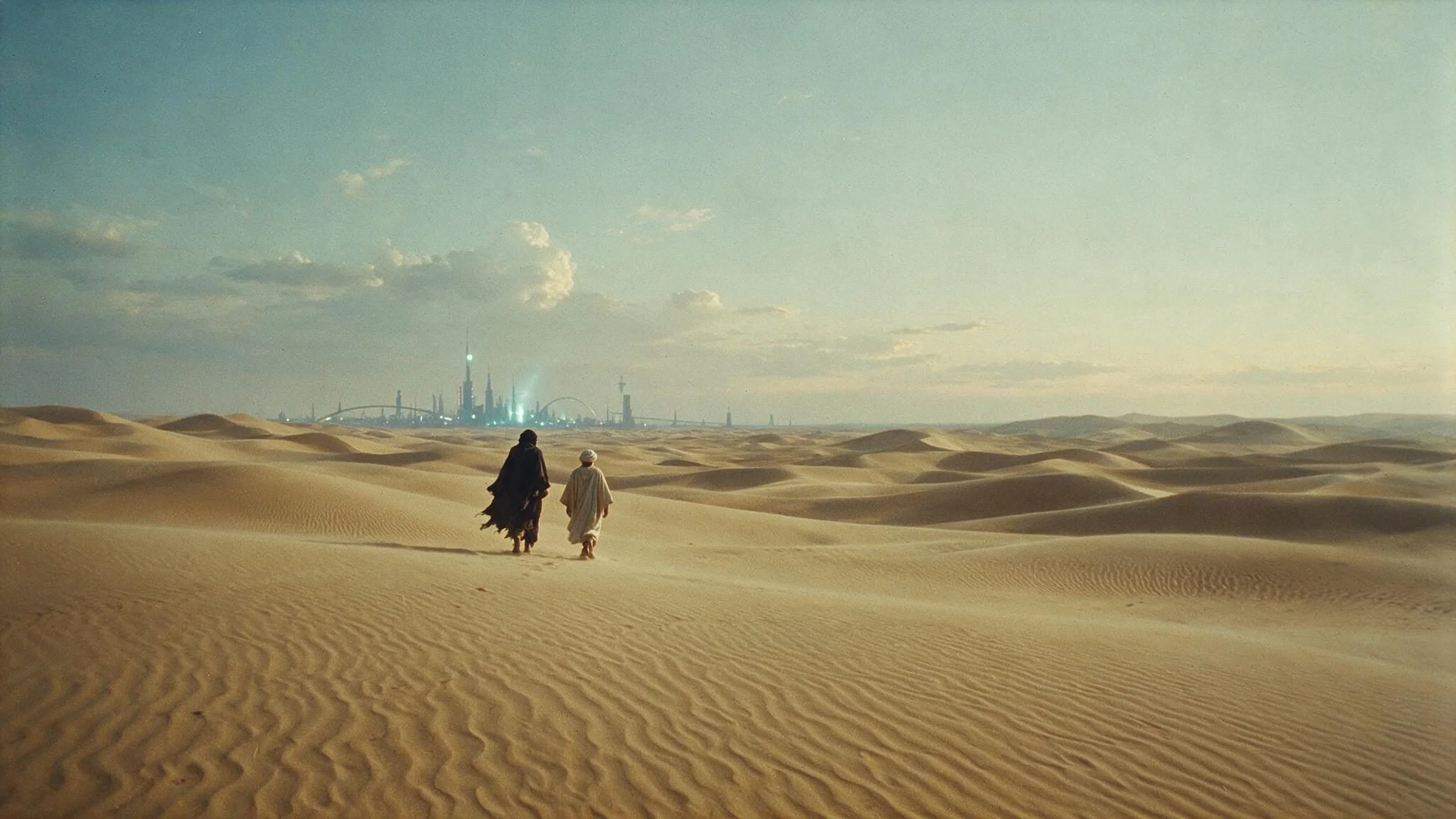 Two robed figures walk across the dunes, away from a distant futuristic city