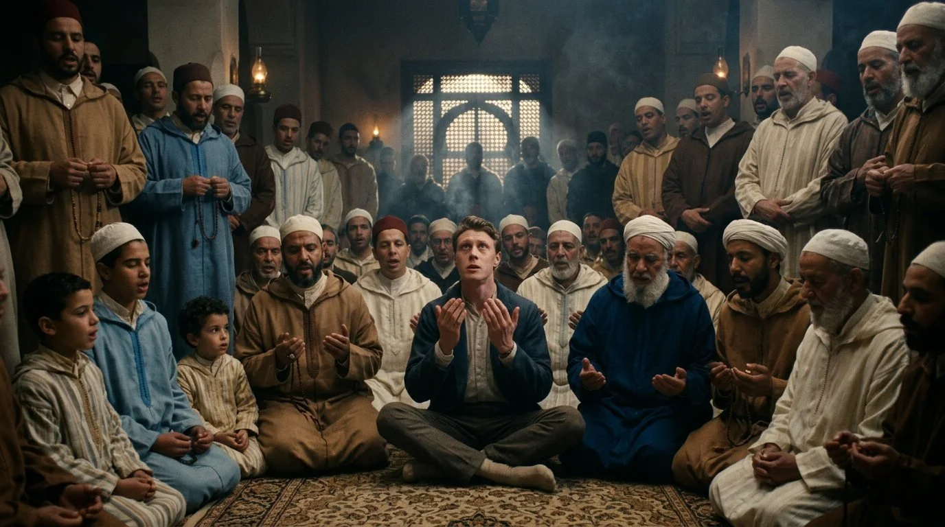 Stuart prays with open hands among men at the great feast