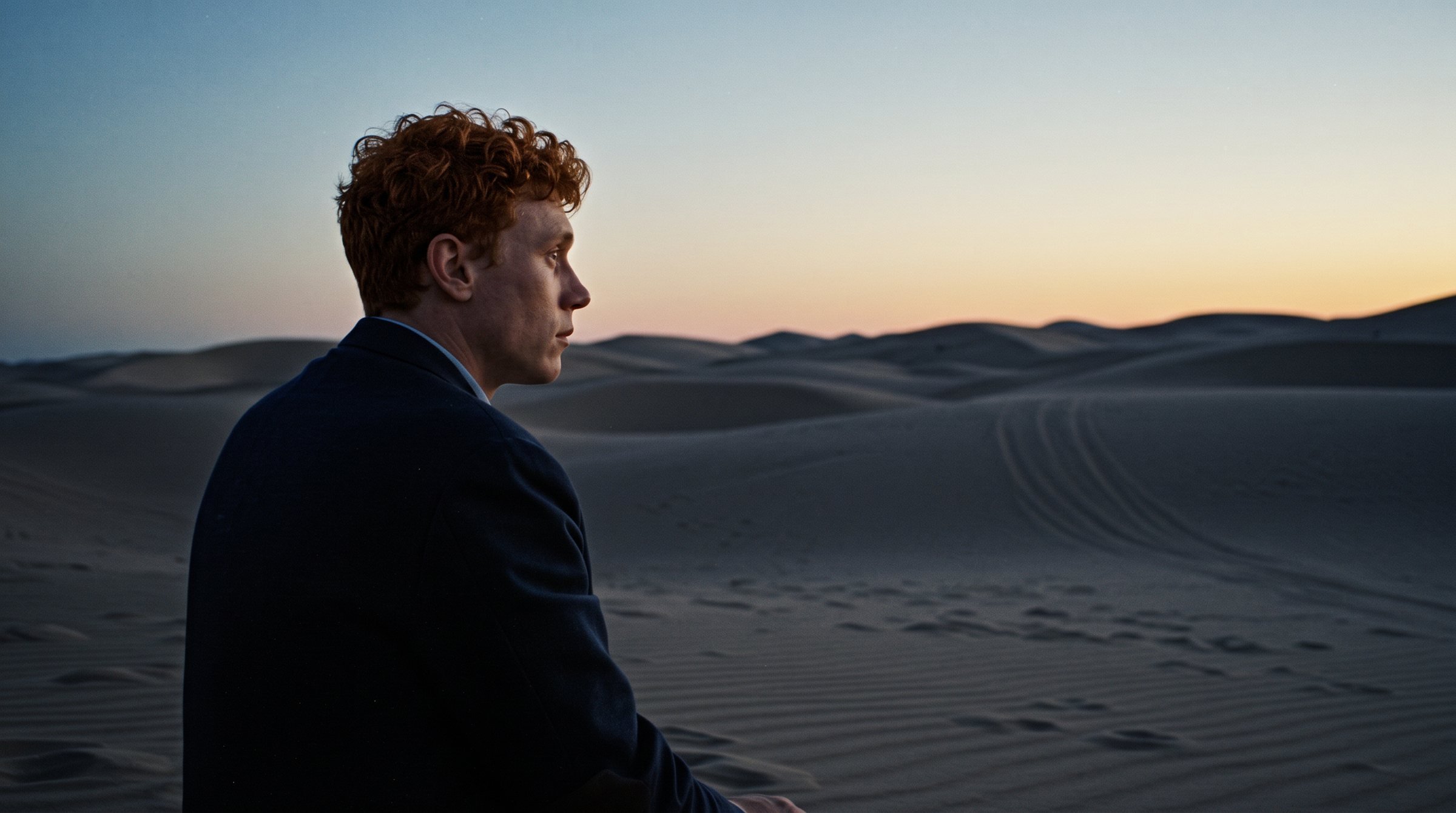 Stuart, bearded, looks out over the dunes at dusk