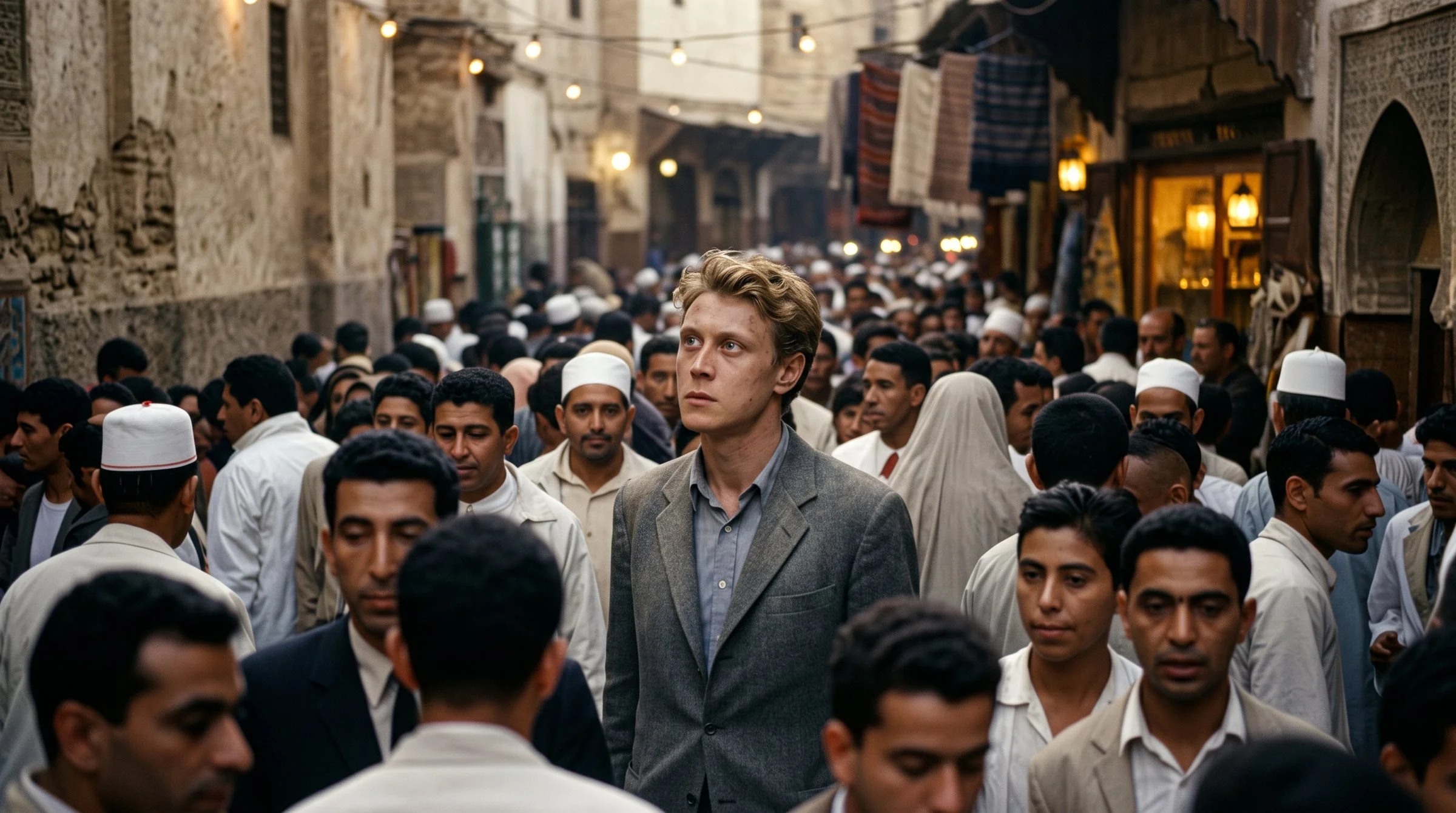 Stuart, in a grey suit, stands lost in a crowded Moroccan market