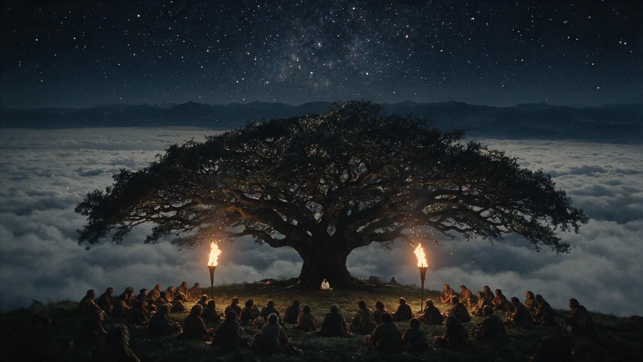 A gathering under a great tree on a mountain top at night, a figure in white beneath it