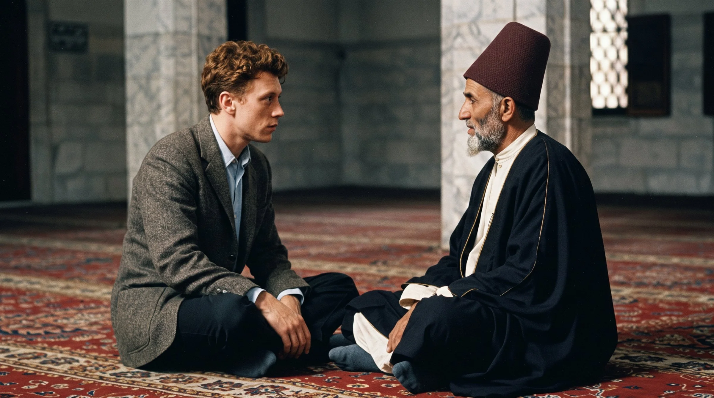 Stuart sits on a mosque carpet facing an old man in a red fez