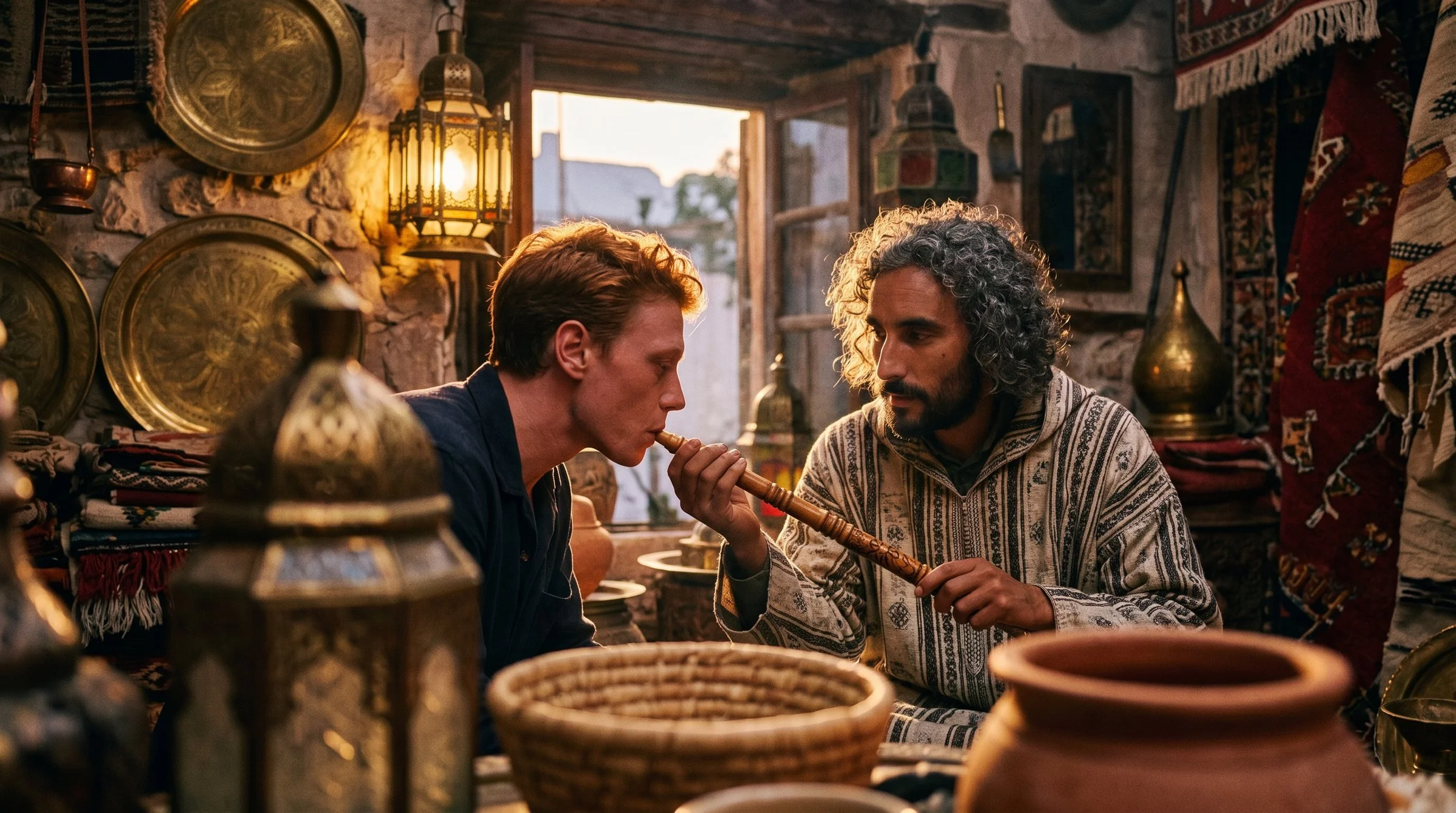 Stuart smokes a long pipe with Nasir in a shop full of lamps and brass
