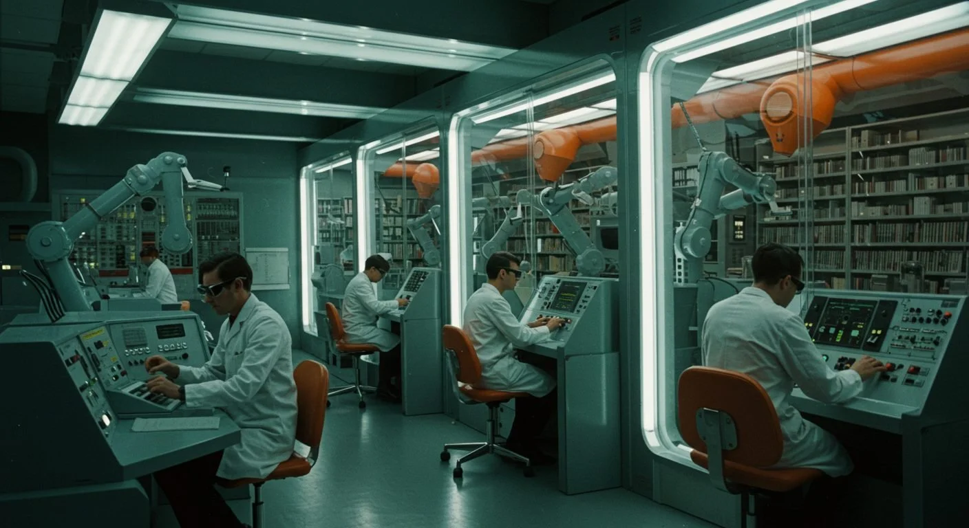Technicians in white coats at consoles beside robotic arms that handle books
