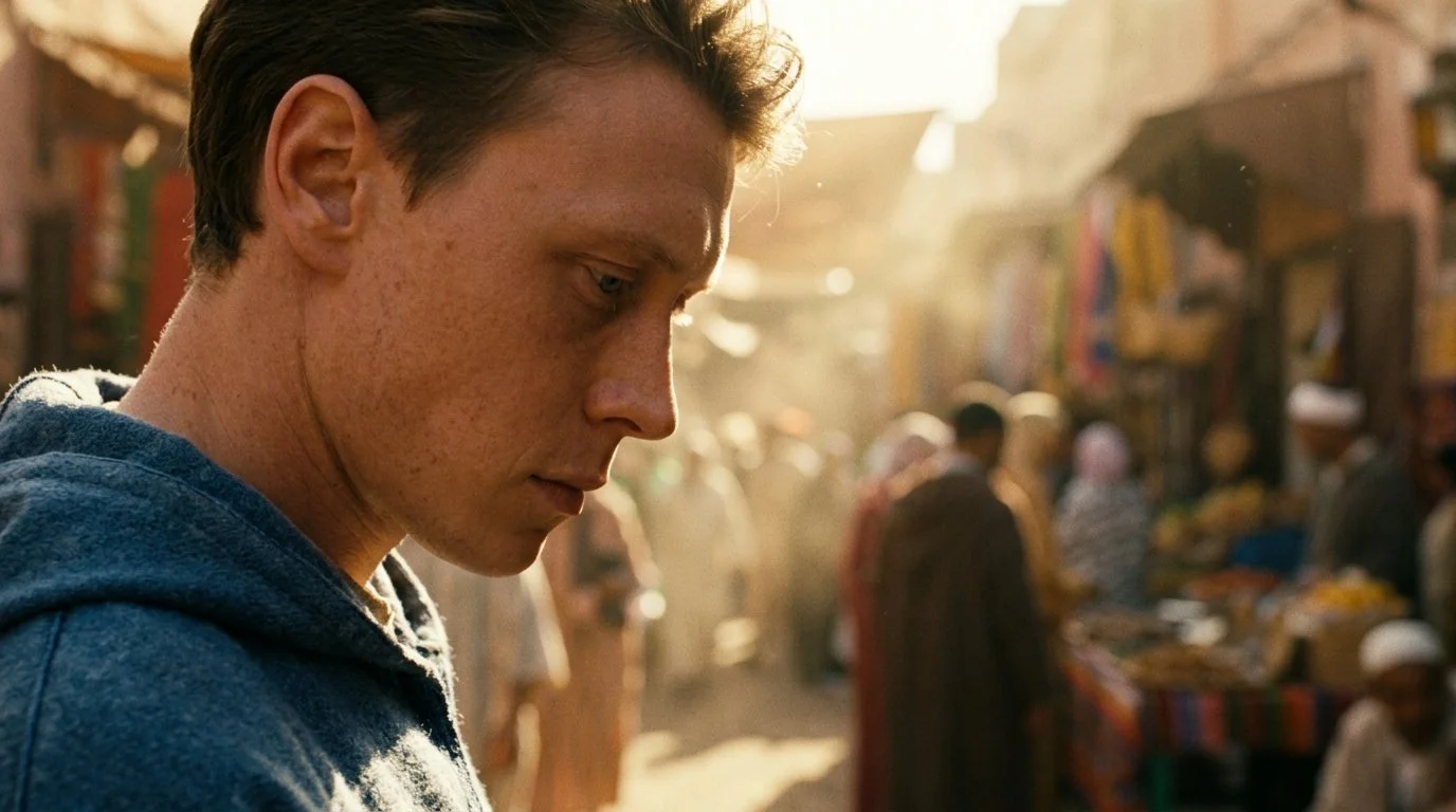 Stuart in a hooded top, looking down, in a sunlit souk
