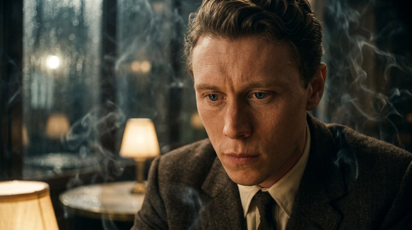 Stuart in a dim room, a lamp behind him, smoke in the air