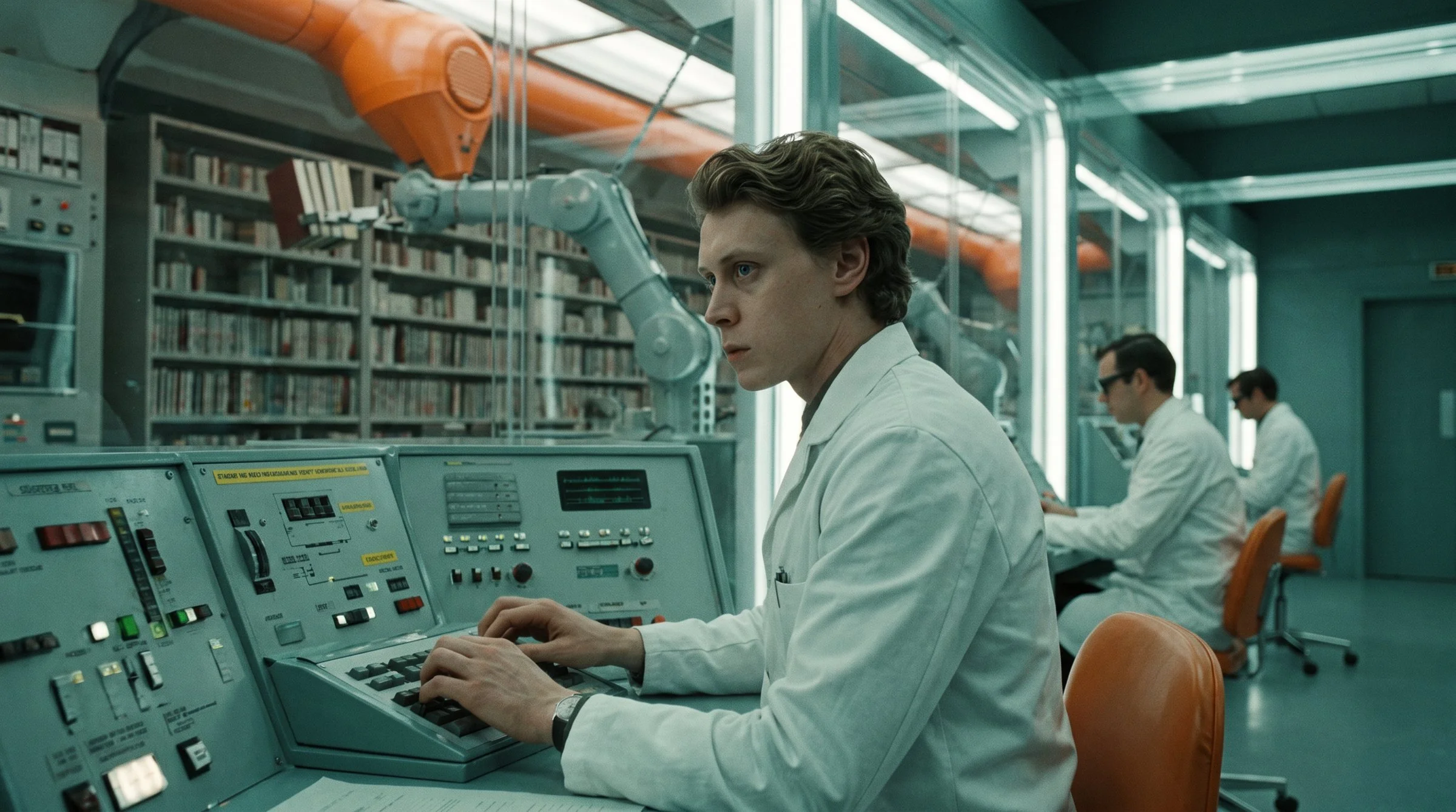 Stuart at a console in the State University Library, robotic arms behind glass