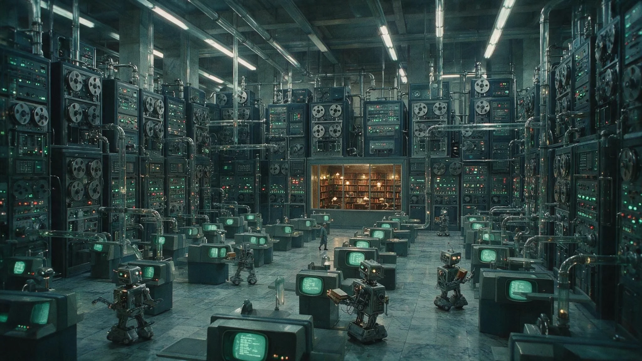 A vast retro-futurist library hall of mainframes, with robots carrying books