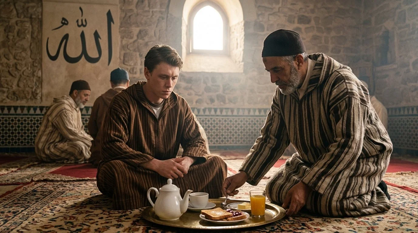Stuart in a striped djellaba is served breakfast on a tray by an older man