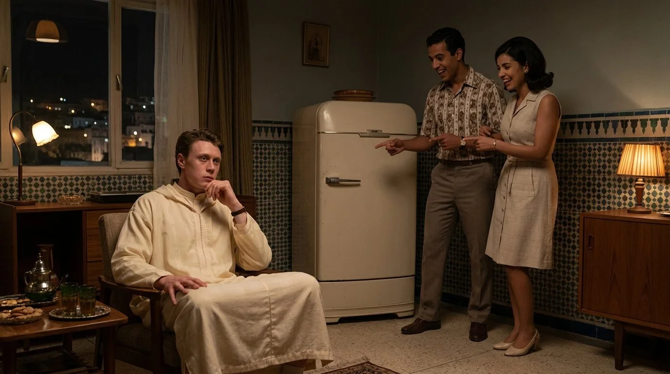 Stuart in a white djellaba sits in a modern flat beside a refrigerator while a young couple talk