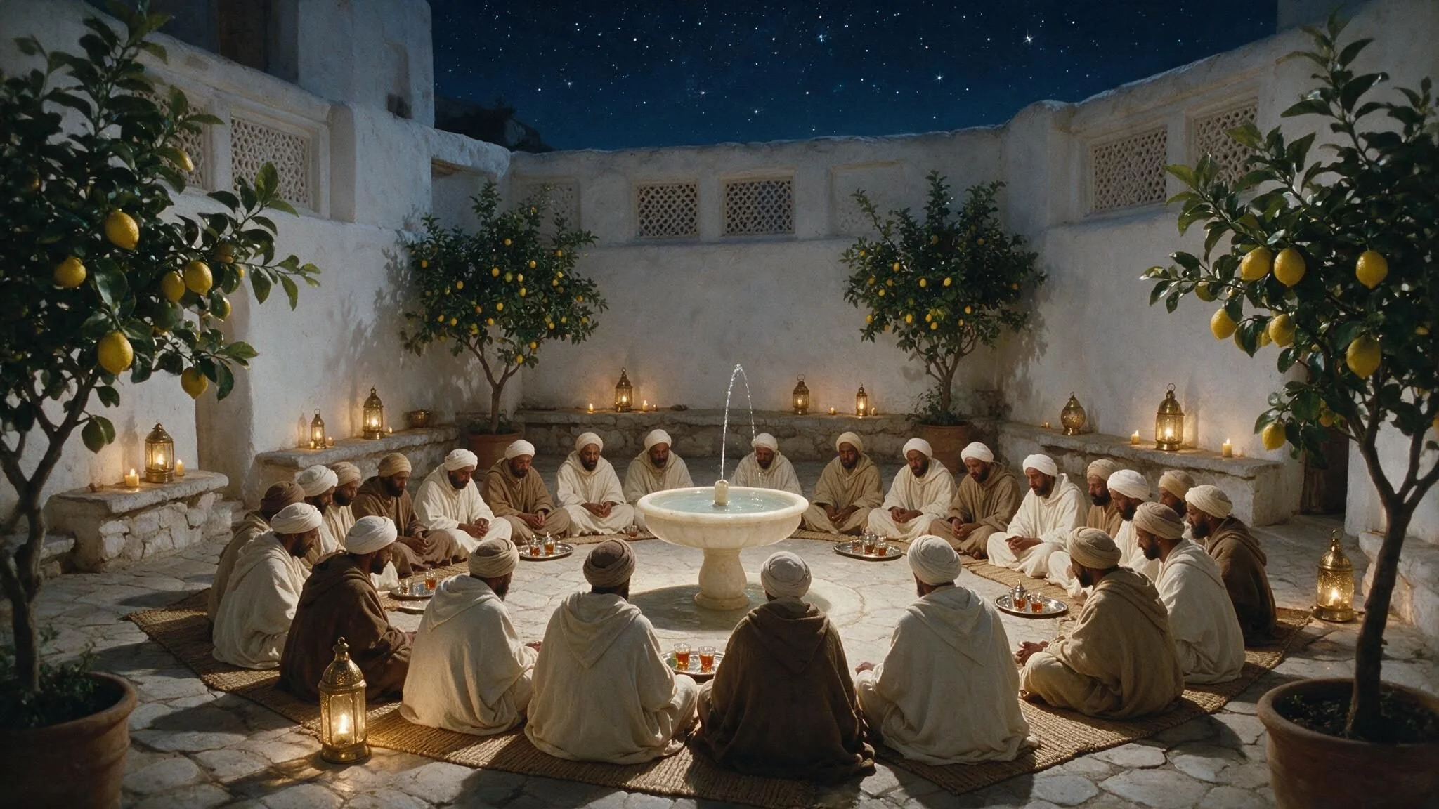 A circle of men in white sing in a lantern-lit courtyard with lemon trees and a fountain