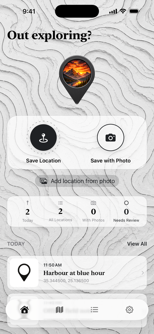 Photographers Journal Home with Save Location, Save with Photo, and Add location from photo