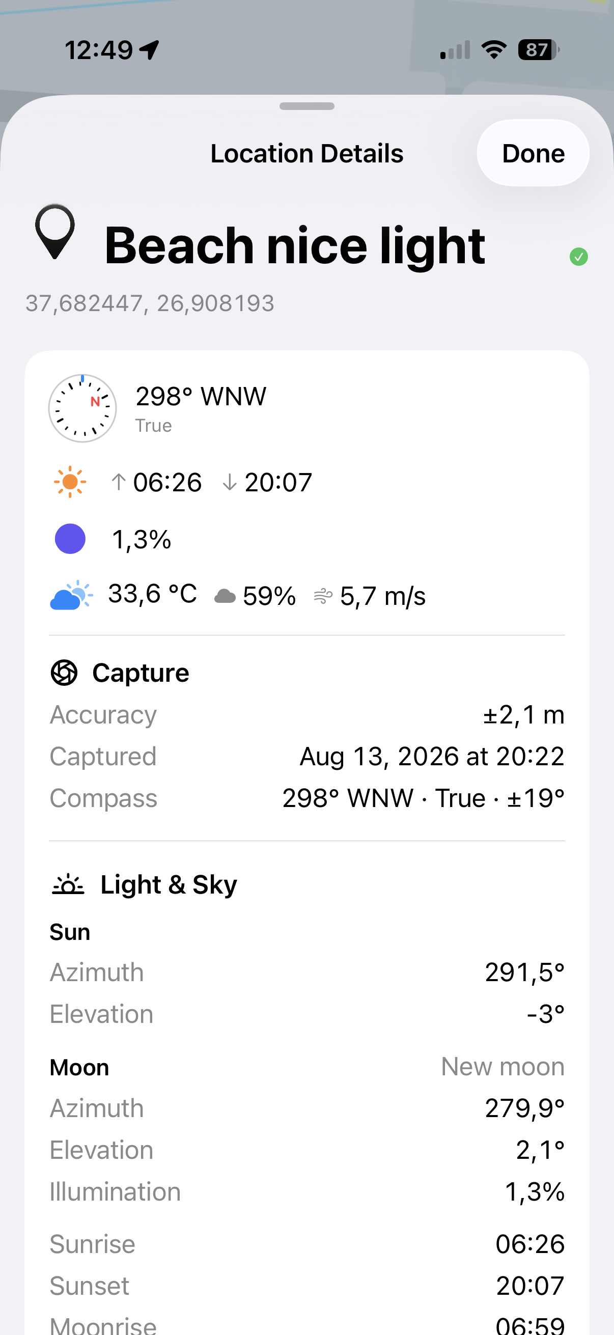 PhotoJournal Location Details screen showing capture, compass, weather, sun, and moon information
