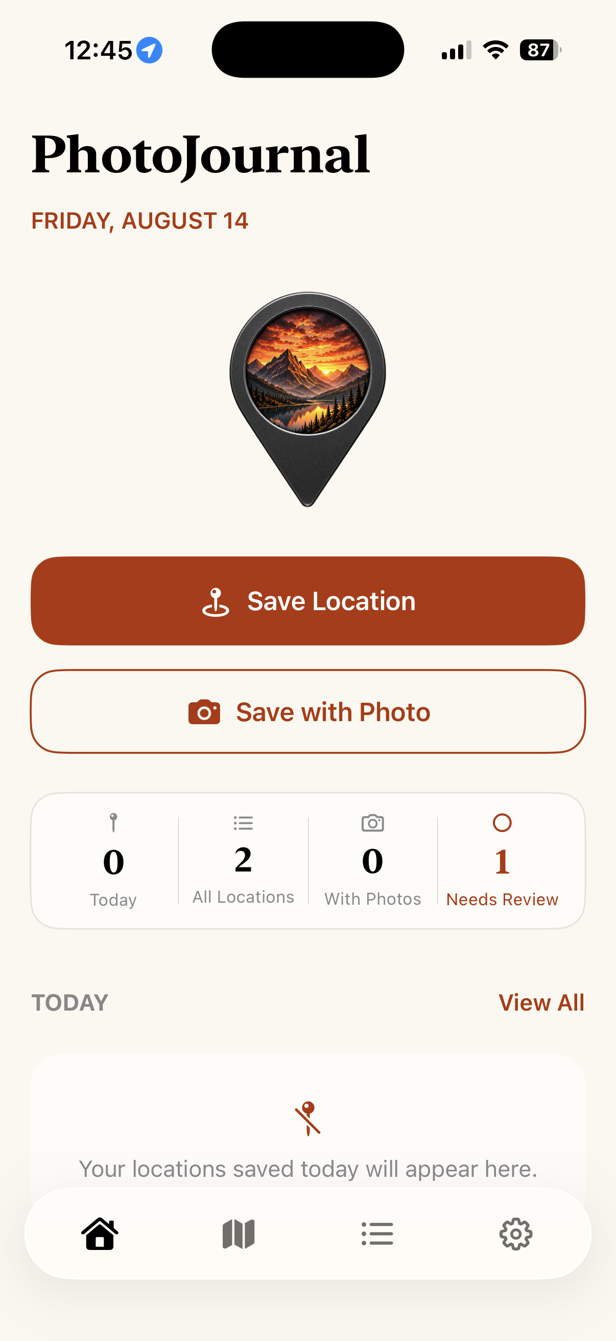 PhotoJournal Home screen with Save Location and Save with Photo controls