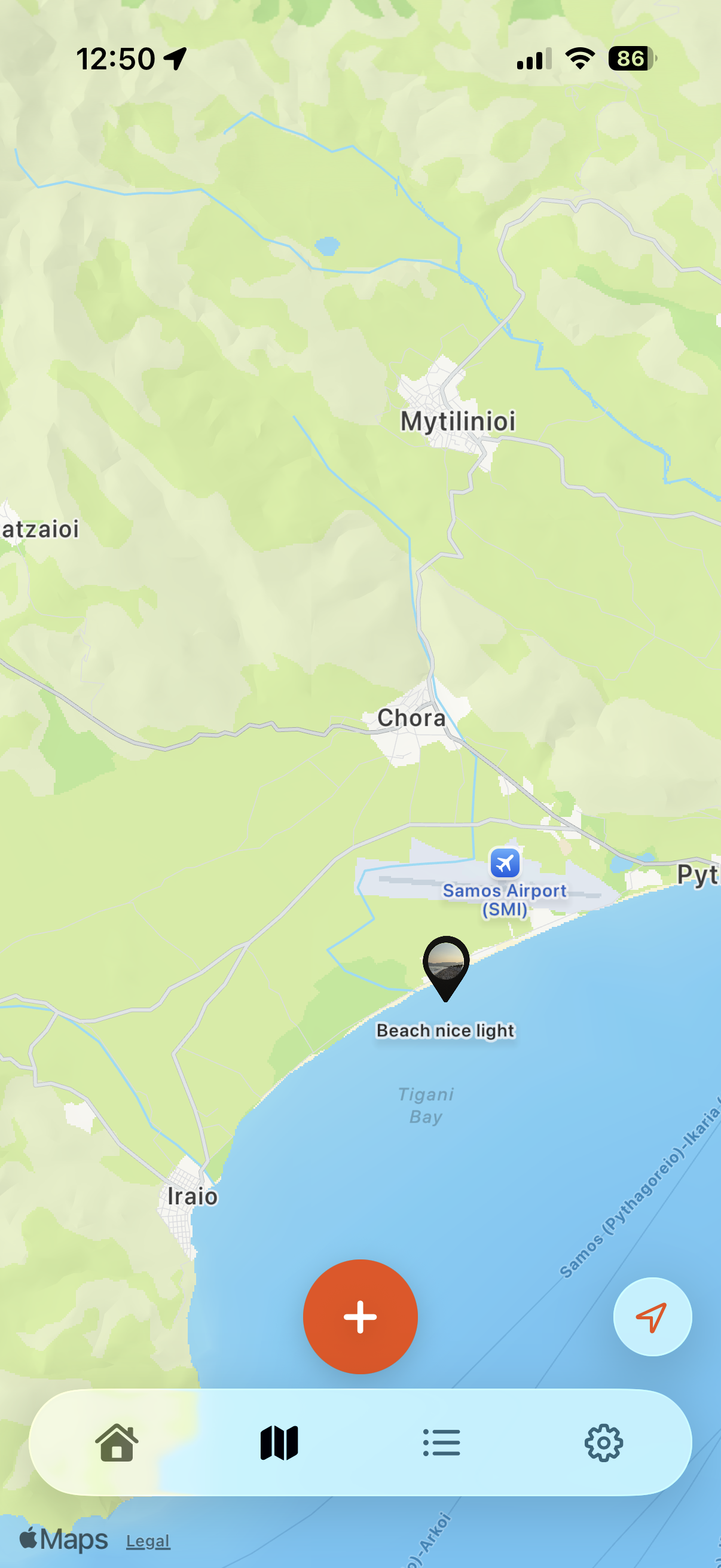 PhotoJournal personal map showing a saved photography location near the coast